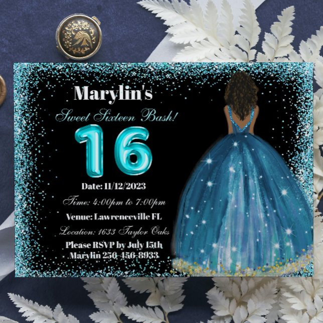 Turquise Glitter Princess Sweet 16 Foil Balloon Inbjudningar (Skapare uppladdad)