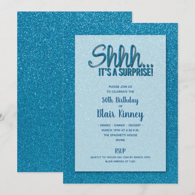 Turquise Glitter SURPRISE Birthday Inbjudningar (Fram/baksida)