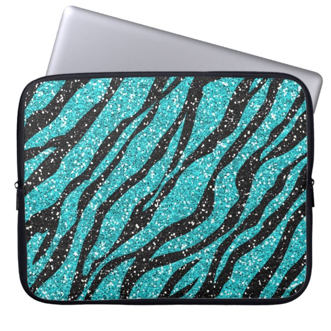 Turquise Glitter Zebra tryck Laptop Fodral (Framsidan)
