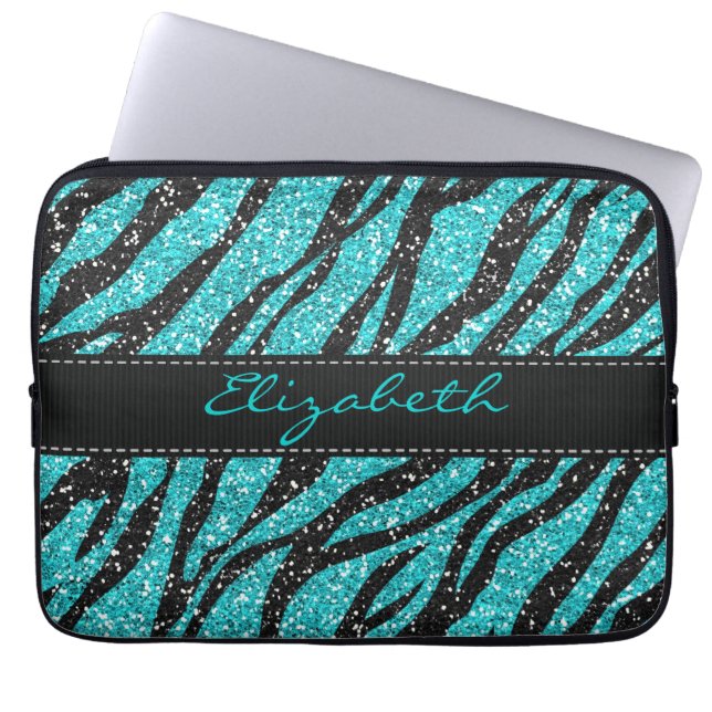Turquise Glitter Zebra tryck Monogram Laptop Sleeve (Framsidan)