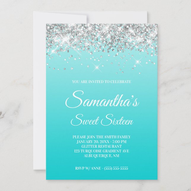 Turquise Gradient Silver Glitter Sweet sixteen Inbjudningar (Framsida)