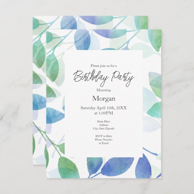 Turquise Grönt Blue Watercolor Löv Inbjudningar (Fram/baksida)