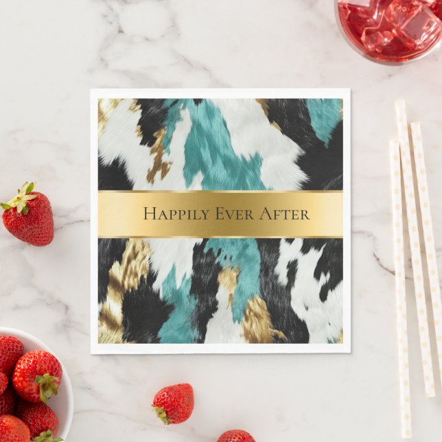 Turquise Grönt Guld Black Cowhide Bröllop Pappersservett (Insitu)