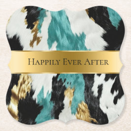 Turquise Grönt Guld Black Cowhide Bröllop Underlägg Papper