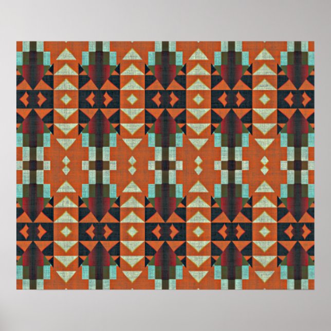 Turquise Grönt Orange Red Ethnic Tribal Mosaic Poster (Framsidan)