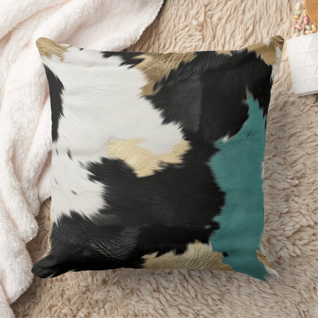 Turquise Guld, Black White Cowhide Kudde (Filt)
