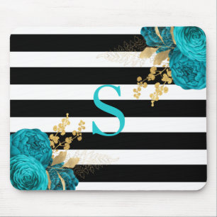 Turquise Guld Blommigt Monogram Black White Rand Musmatta