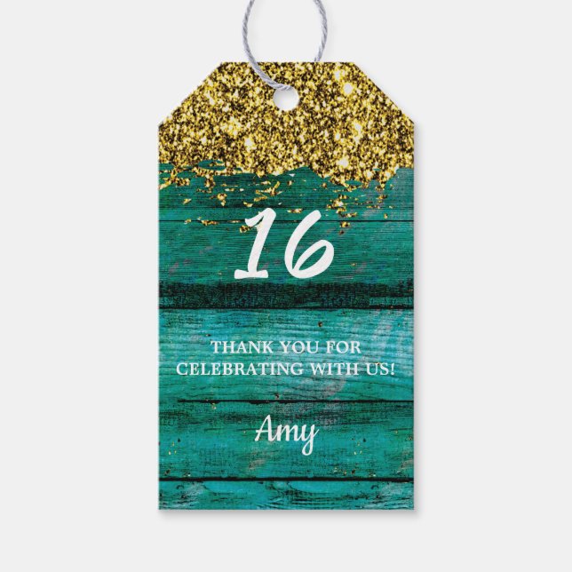 Turquise Guld Glitter Gnistra Girly Birthday Presentetikett (Framsidan)