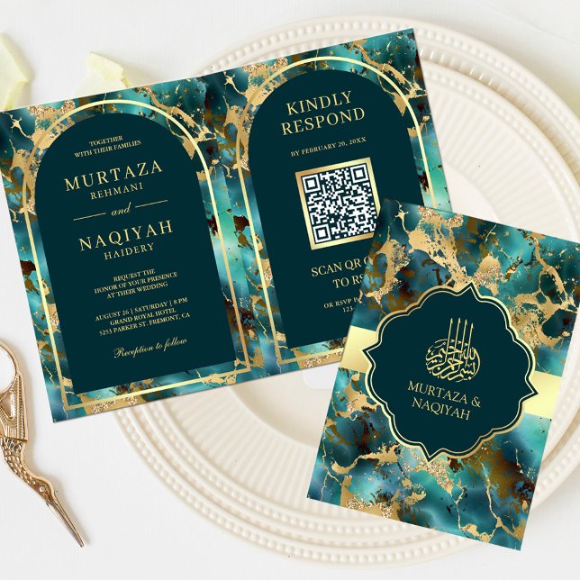 Turquise Guld Marble QR Code Muslim Bröllop Inbjudan (Skapare uppladdad)
