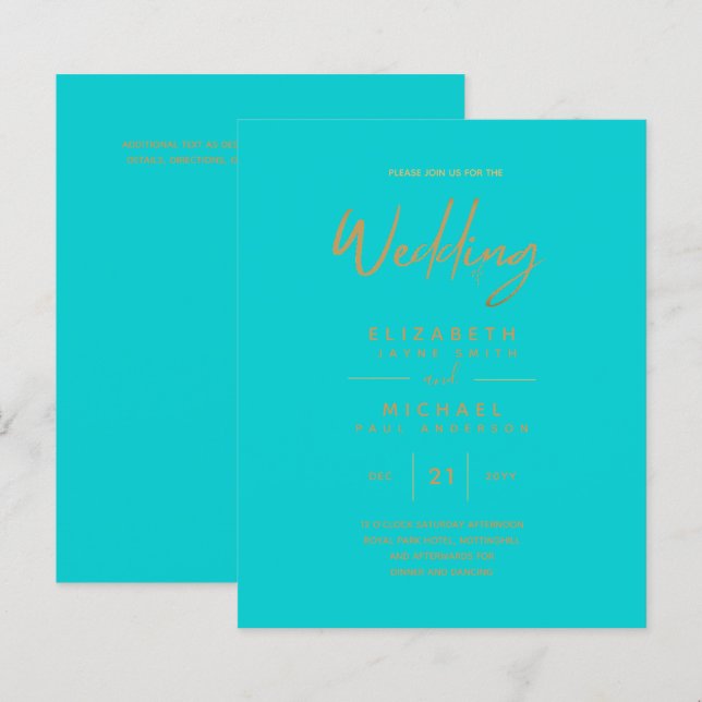 Turquise Guld Modern Simple bröllopsinbjudan (Fram/baksida)