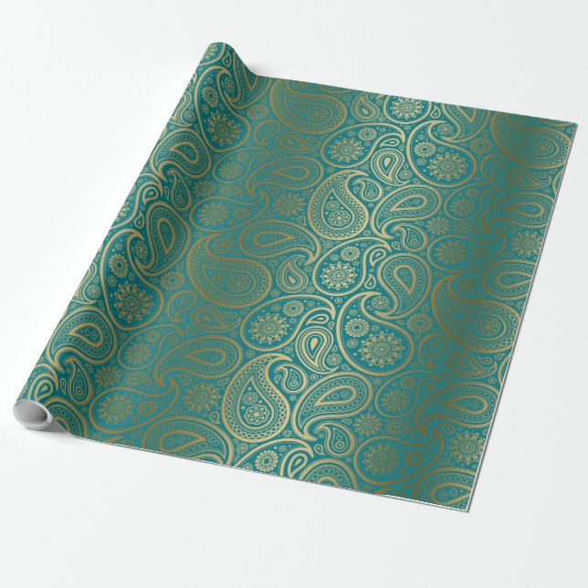 Turquise & Guld Paisley Mönster Presentpapper (Utrullad)