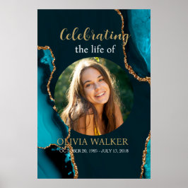 Turquise & Guld Photo Funeral Memorial Sign Poster