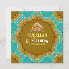 Turquise Guld Satin Snöre & Tiara Quinceañera Inbjudningar
