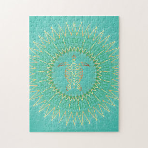 Turquise Guld Turtle Coastal Maritime Mandala Pussel