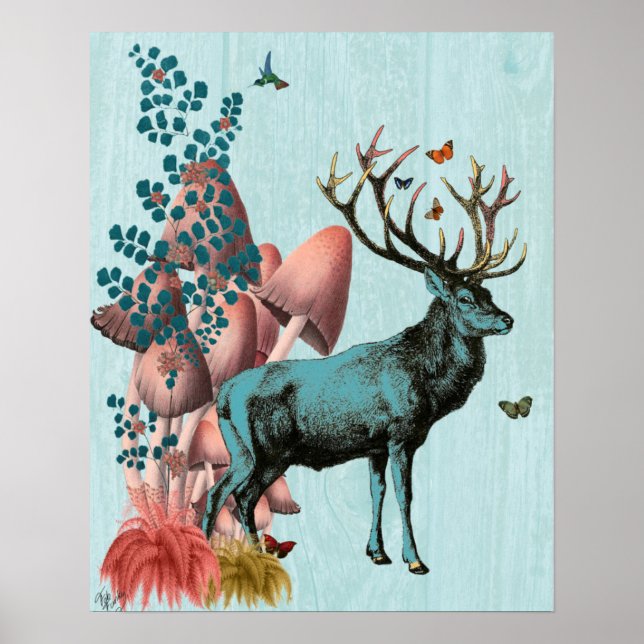 Turquise Hjort in Mushroom Forest Poster (Framsidan)