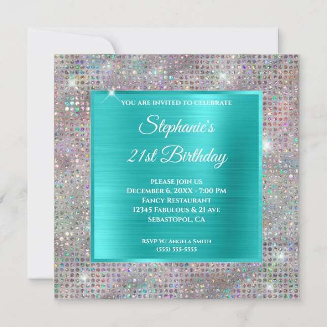 Turquise Holograph Diamond Studed Foil Birthday Inbjudningar (Framsida)