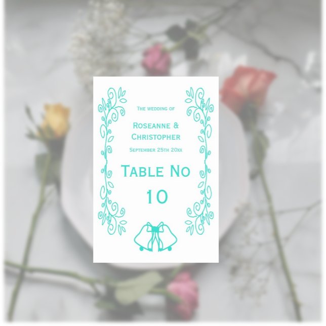 Turquise Klockor Scrollwork Design Bröllop Bordsnummer (Turquoise wedding table number card bells and scrollwork design)