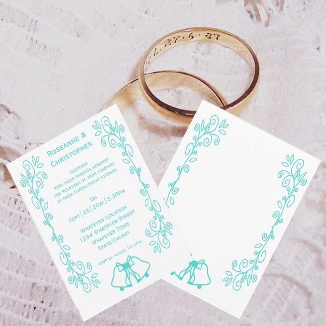 Turquise Klockor Scrollwork Design Bröllop Inbjudningar (Turquoise wedding invitation bells scrollwork design)