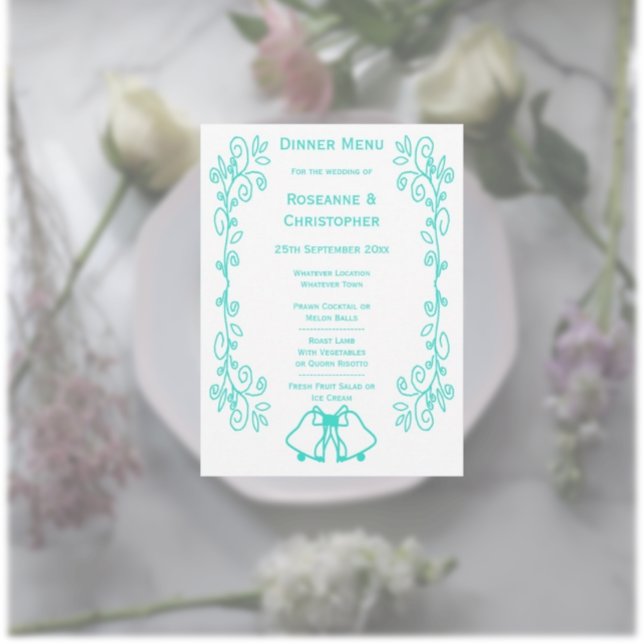 Turquise Klockor Scrollwork Design Bröllop Meny (Turquoise wedding menu bells and scrollwork)