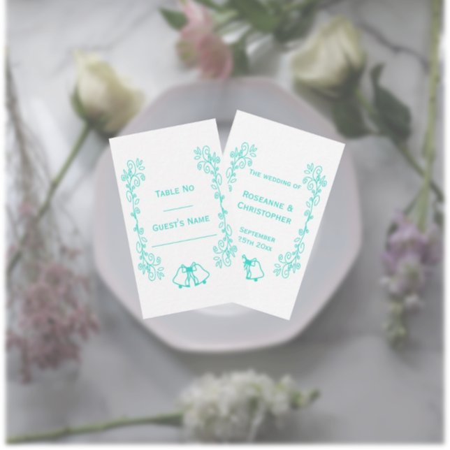 Turquise Klockor Scrollwork Design Bröllop Placeringskort (Turquoise wedding place setting card bells and scrollwork design)