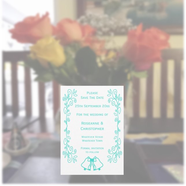 Turquise Klockor Scrollwork Design Bröllop Spara Datumet (Turquoise wedding save the date card bells and scrollwork design)