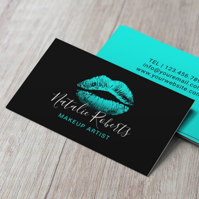 Turquise Läppar Makeup Artist Plain Black Salon Visitkort (Skapare uppladdad)