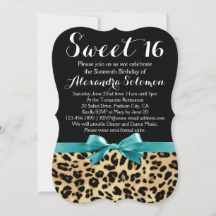 Turquise Leopard Skriv ut Bow Sweet 16:e födelseda Inbjudningar