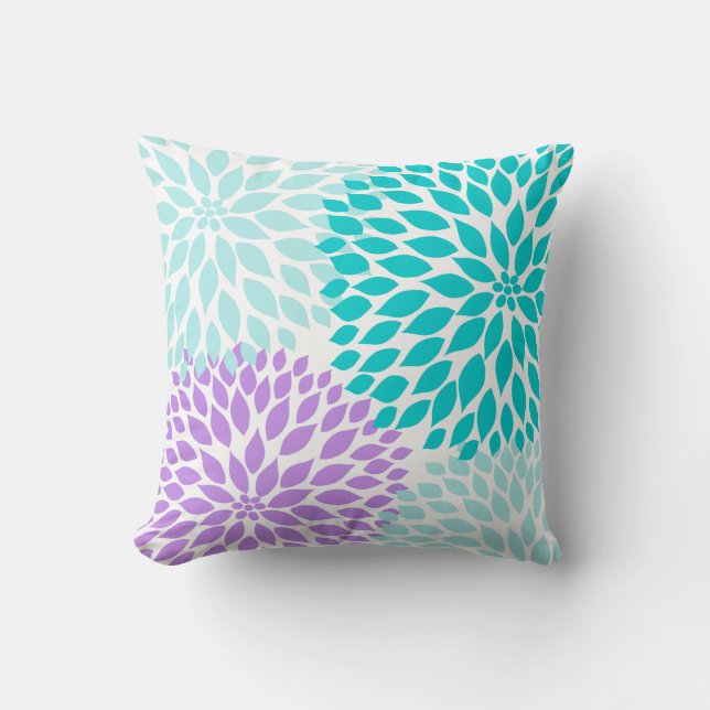 Turquise Lila Aqua Dahlia blommigt kudde (Framsida)