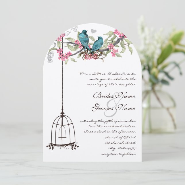 Turquise Love Bird Rosa Apricot Peach Birdcage Inbjudningar (Stående Fram)