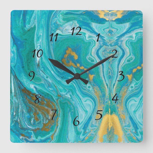 Turquise Marble Guld Abstrakt Fyrkantig Klocka (Framsida)