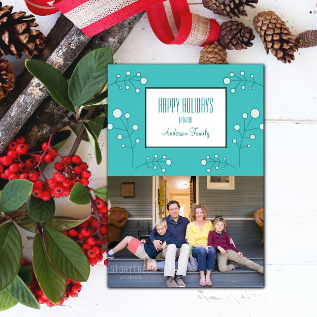 Turquise Modern Berry Helgdag Photo Card Inbjudningar (Turquoise Modern Berry Holiday Photo Card)