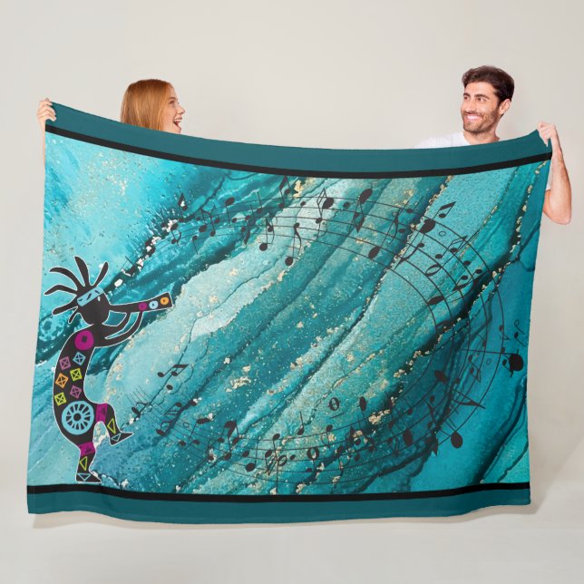Turquise Musik noter Kokopelli Fleece Blanket (På plats)