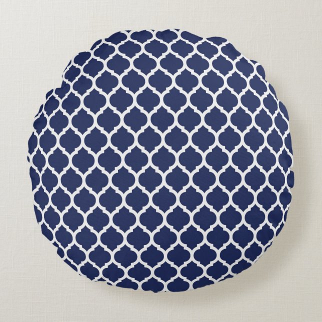 Turquise Navy Blue Moroccan Quatrefoil Mönster Rund Kudde (Framsidan)