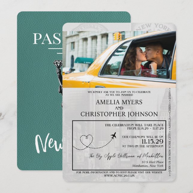 Turquise New York City Passport Bröllop Inbjudningar (Fram/baksida)