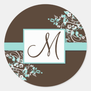 Turquise och Brown Monogram Wedding Stickers Runt Klistermärke