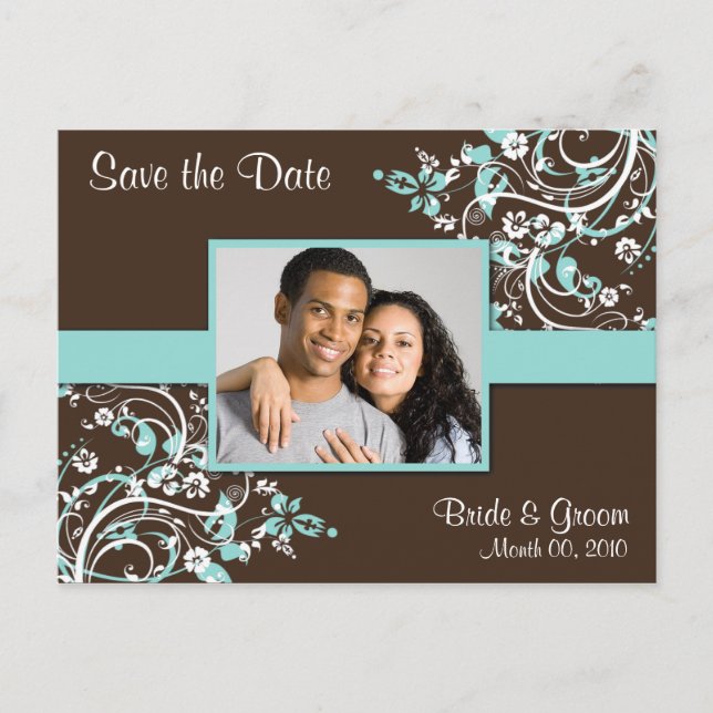 Turquise och Brown Save Date Photo Postcards-kort Meddelande Vykort (Framsida)