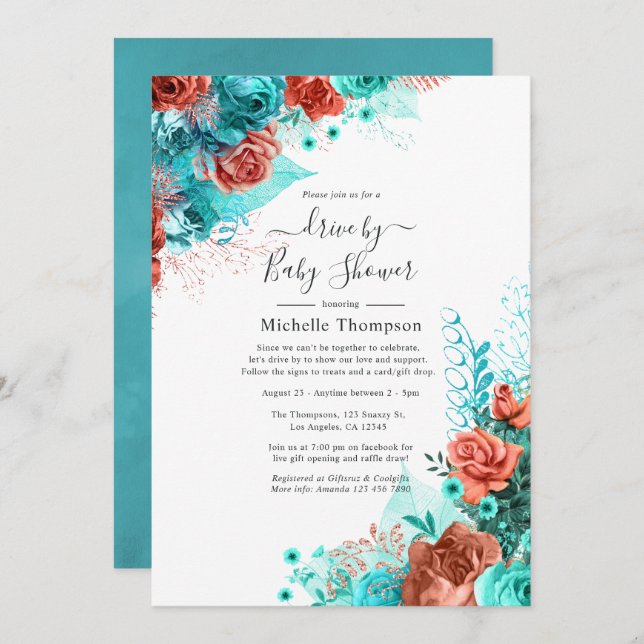 Turquise och Coral Blommigt Drive by Shower Inbjudningar (Fram/baksida)