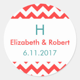Turquise och Coral Chevron Bröllop Runt Klistermärke