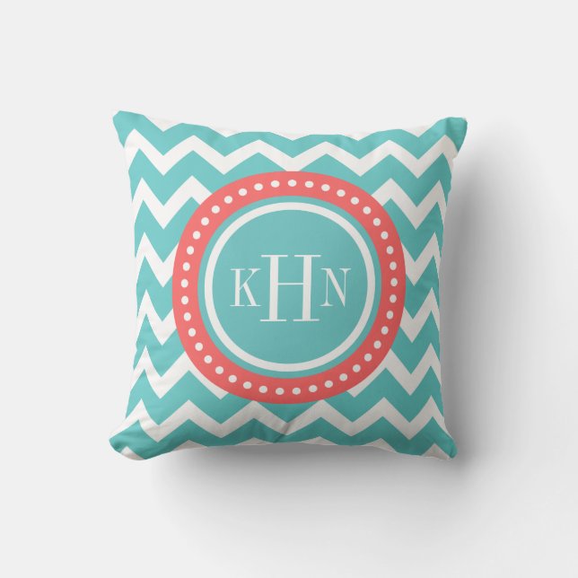 Turquise och Coral Chevron Monogram Kudde (Framsida)