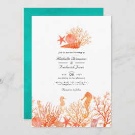 Turquise och Coral QR Code OSA Beach Wedding Inbjudningar