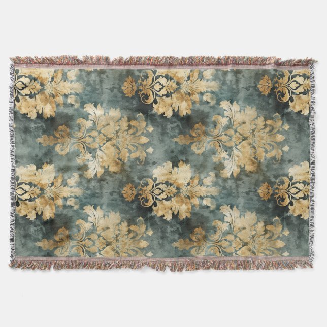 Turquise och Golden Damask Pattern Filt (Framsidan)