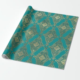 Turquise och Guld Damask Pattern Presentpapper