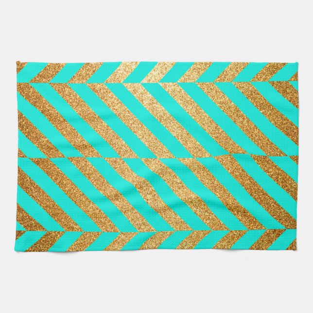 Turquise och Guld Glitter Chevron Stripe Mönster Kökshandduk (Horisontell)
