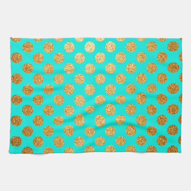 Turquise och Guld Glitter Polka Dot Mönster Kökshandduk (Horisontell)
