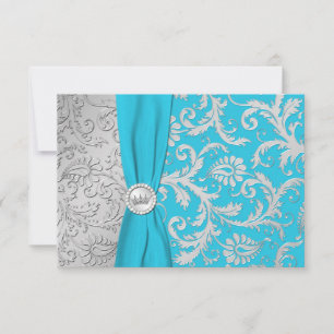 Turquise och Silver Damask Quinceanera OSA kort