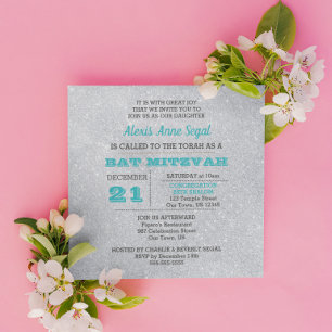 Turquise och Silver Glitter Glam Bat mitzvah Inbjudningar
