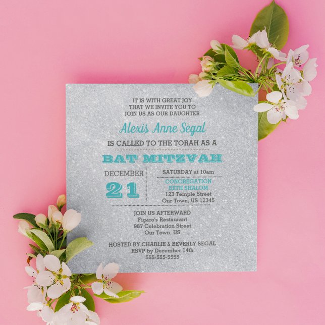 Turquise och Silver Glitter Glam Bat mitzvah Inbjudningar (Skapare uppladdad)
