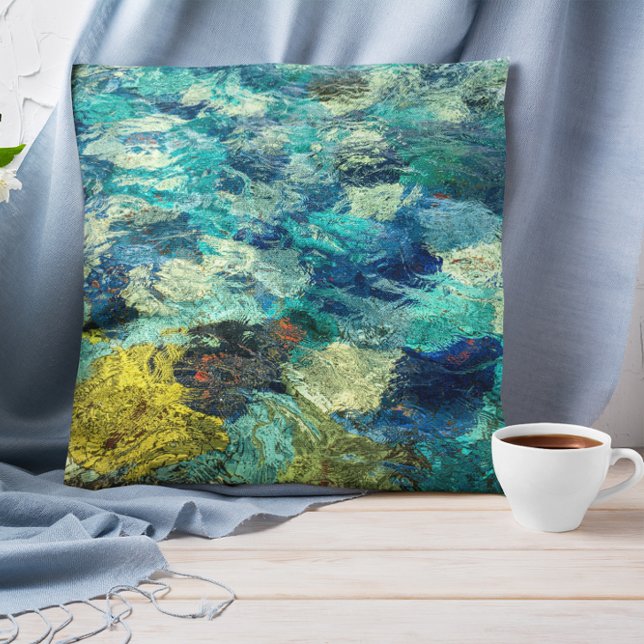 Turquise och Teal Abstrakt Watery Paint Pour Kudde (Add your own abstract photo to create a personalized pillow.)