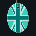 Turquise och Teal Union Jack 2 Julgransprydnad Keramik<br><div class="desc">Mönster i kor,  färglöst,  baserat på unionsJack i skuggor av akvarier,  turkos och teal. akvakturkos teal färglös "facklig jack" kor mönster</div>