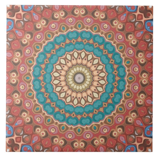 Turquise och Terracotta Geometric Mandala Mönster Kakelplatta (Framsidan)